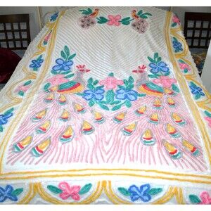 Vintage Chenille Peacocks and Flowers on White Sunny 1950s